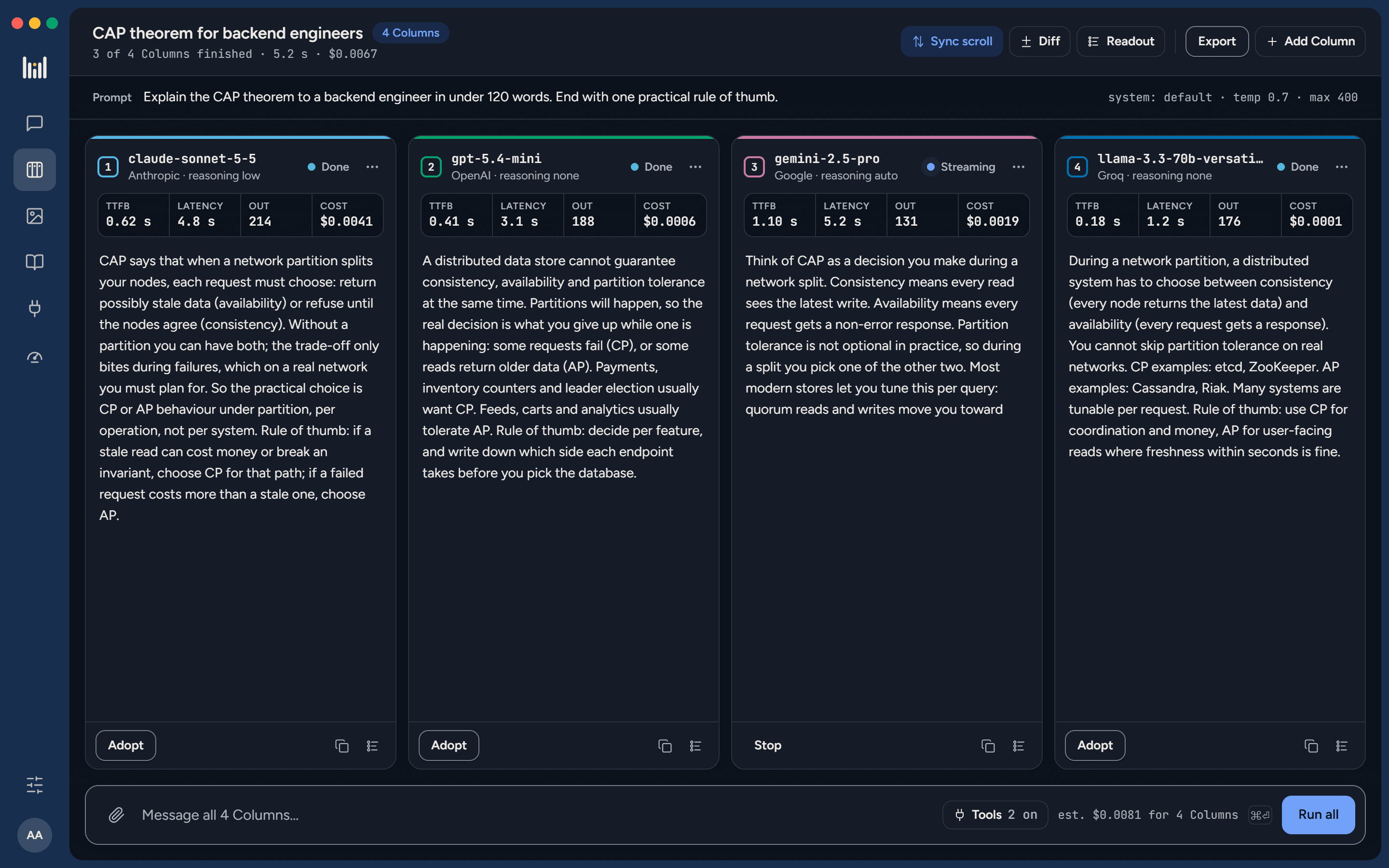 Multivac Panel comparing four models side by side
